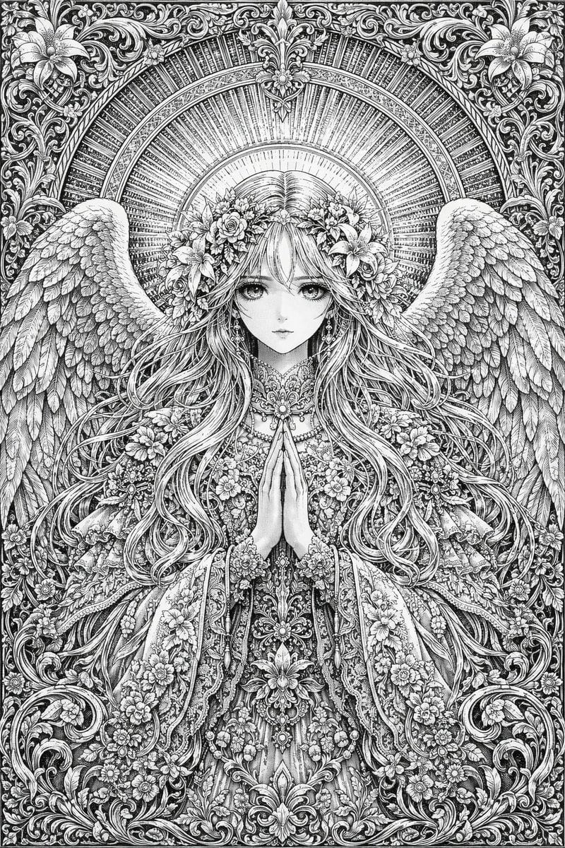 A highly detailed, intricate black and white line art illustration of an anime-style angel. She has long, flowing wavy hair adorned with a floral crown of roses and lilies and is looking...