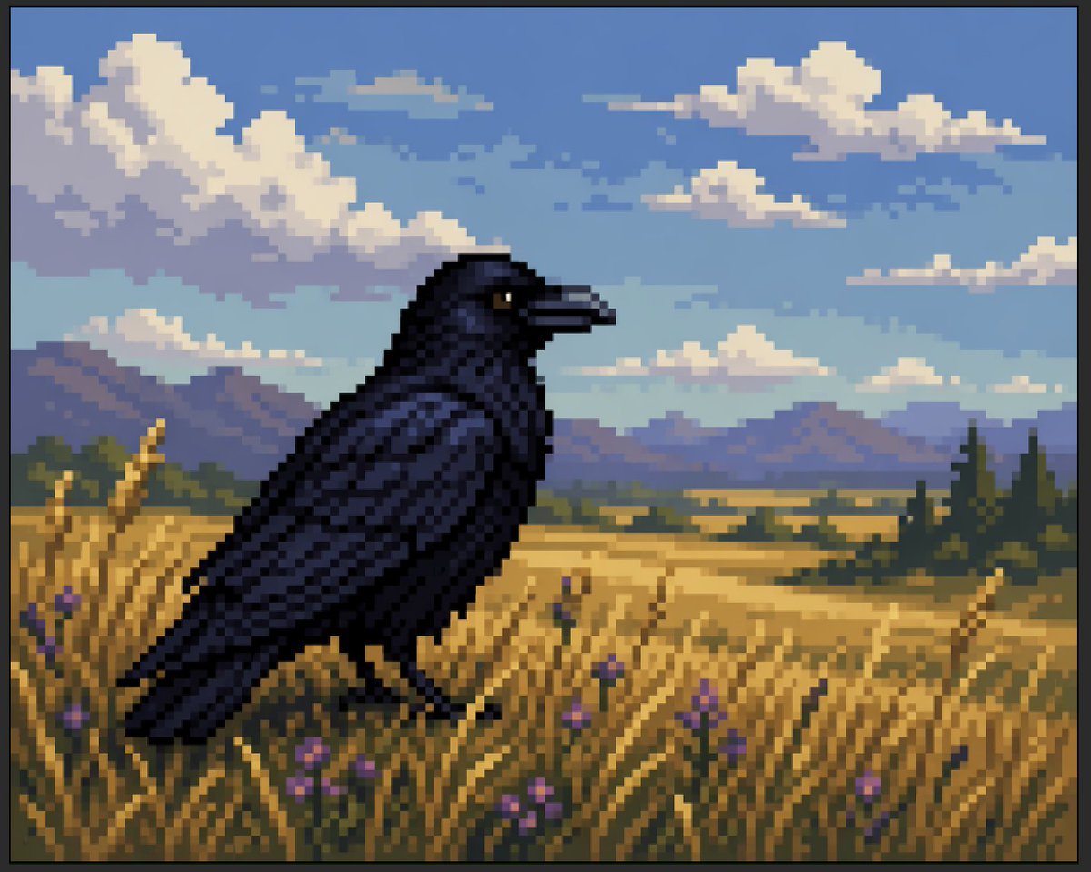 A stylized faux-pixel-art landscape illustration of a single black raven standing in profile in a golden wheat field, facing right. The image should look like retro pixel art at first gla...