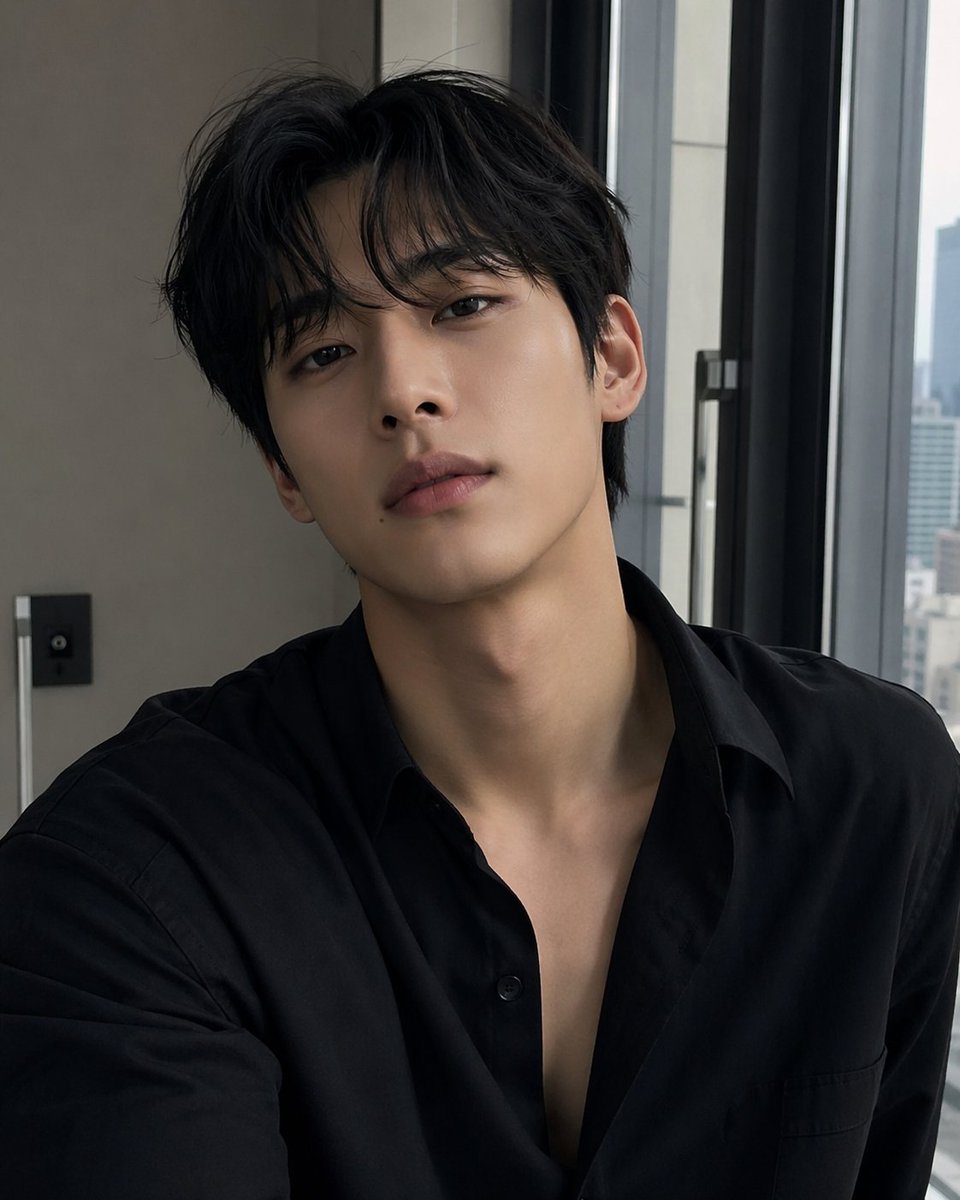 A realistic indoor selfie-style portrait of a young East Asian man from the chest up, seated near a large modern window in a high-rise apartment or hotel room during soft daylight. He has...