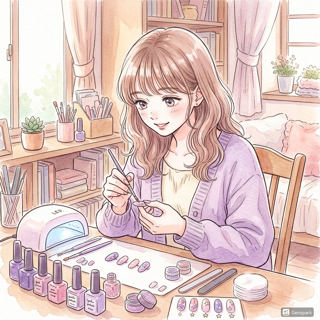 A soft pastel anime-style illustration of a young woman doing nail art at a cozy desk in a sunlit bedroom studio. She is seated at a wooden table, facing slightly left, with shoulder-leng...