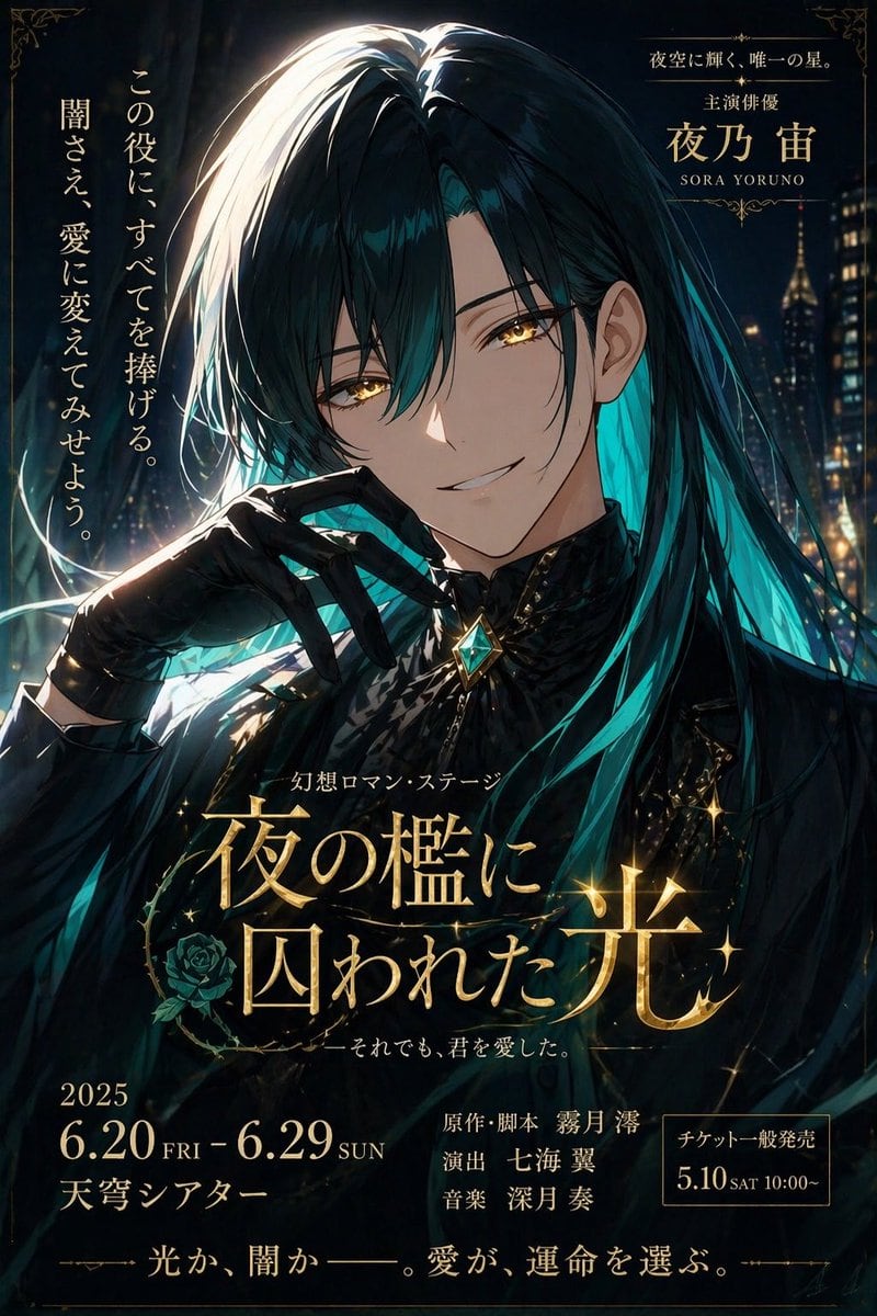 A dramatic vertical Japanese stage-play poster in luxurious dark fantasy anime style, featuring a single androgynous young actor in a half-body portrait against a nighttime city skyline w...