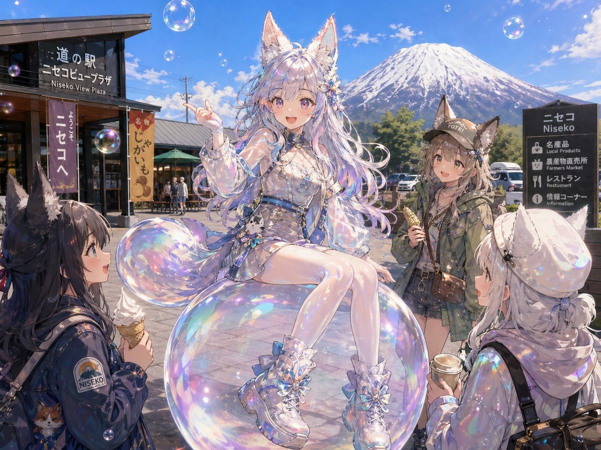 This prompt generates a detailed anime travel illustration of fox girls reuniting at Niseko View Plaza with iridescent soap bubbles and a dramatic mountain backdrop, ideal for scenic character art.