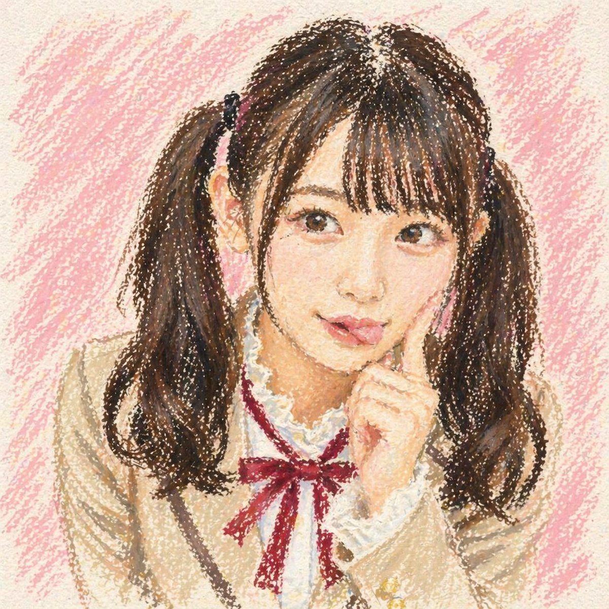 This prompt generates a nostalgic, adorable anime schoolgirl bust portrait in an oil pastel crayon style, useful for creating soft handmade character art with a playful censored-face composition.