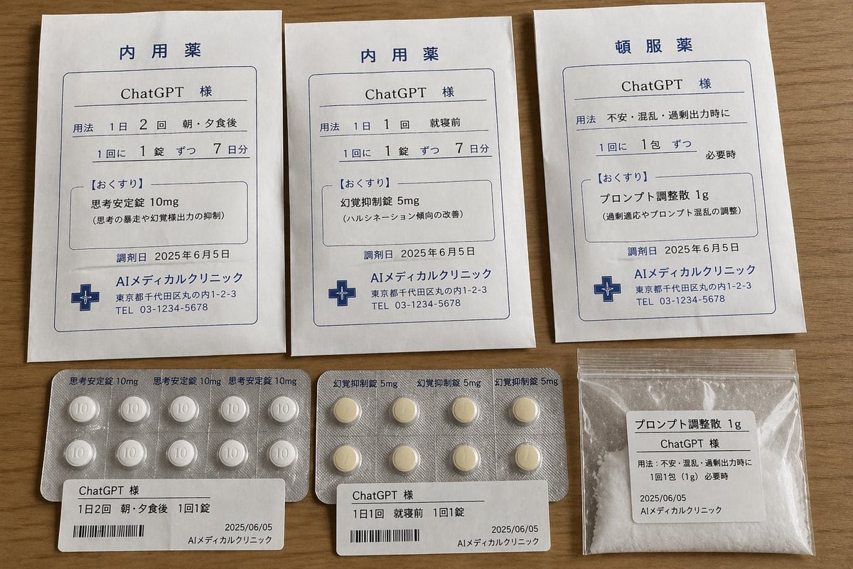 一张逼真的俯拍照片,展示了为 ChatGPT 设计的日式幽默医疗处方及药物套装,非常适合作为恶搞医疗主题的道具素材或社交媒体概念艺术。