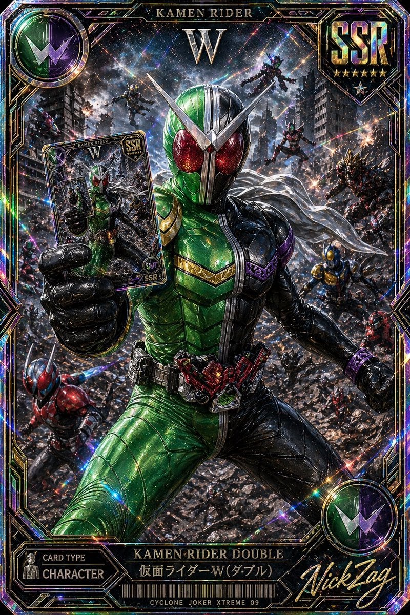 A hyper-detailed premium Japanese trading card illustration in the style of an ultra-rare tokusatsu collectible, vertical composition with an ornate holographic foil border and explosive...