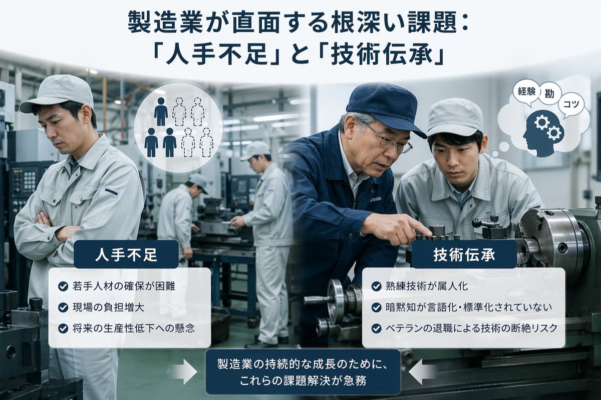 一张精美的日本商业信息图，展示了制造业中的劳动力短缺和技能传承问题，适用于文章、演示文稿和企业报告。