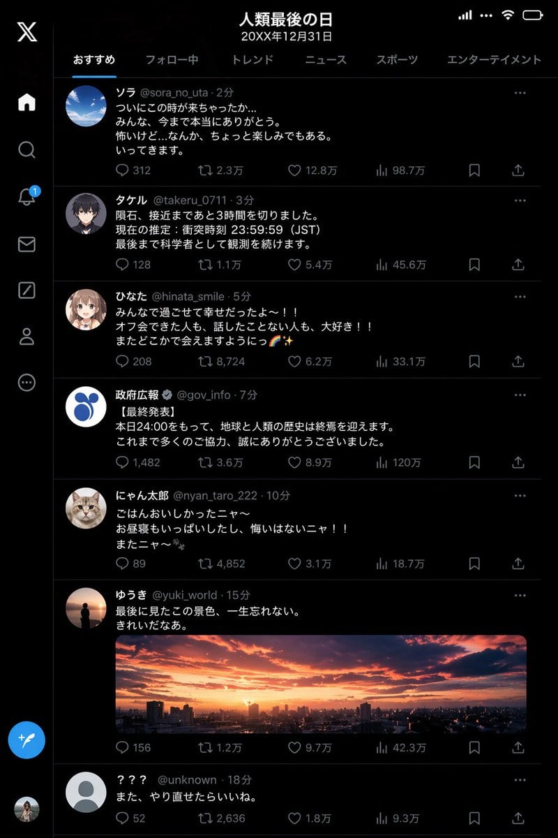 一个旨在可视化人类最后一天 X (Twitter) 时间线截图的提示词,展示了模型在一致渲染文本和 UI 元素方面的能力。