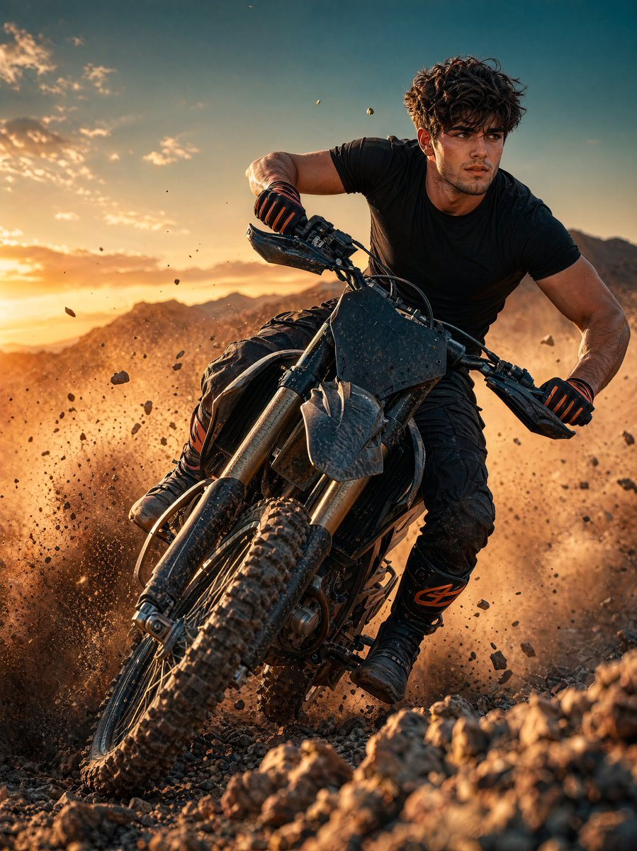 A cinematic high resolution action portrait of a young man riding a modern motocross dirt bike across rough rocky terrain during golden hour sunset. He is leaning aggressively forward whi...