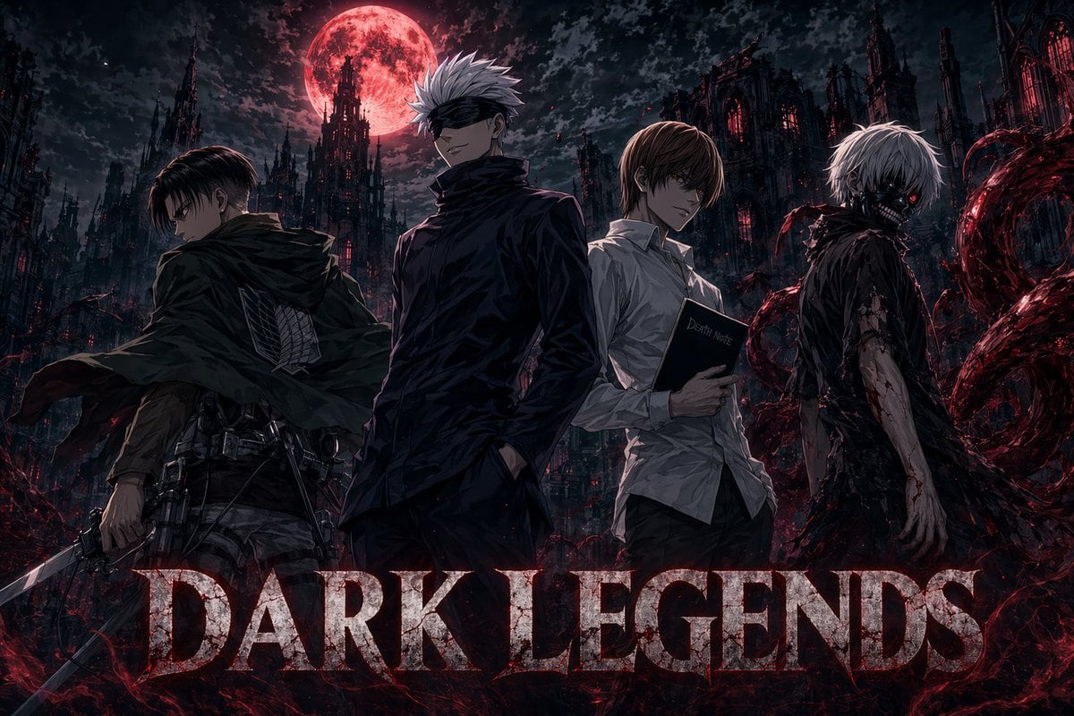 A cinematic dark-anime crossover poster titled DARK LEGENDS, showing 4 iconic male antihero figures standing in a ruined gothic nightmare city at night beneath an enormous blood-red full...