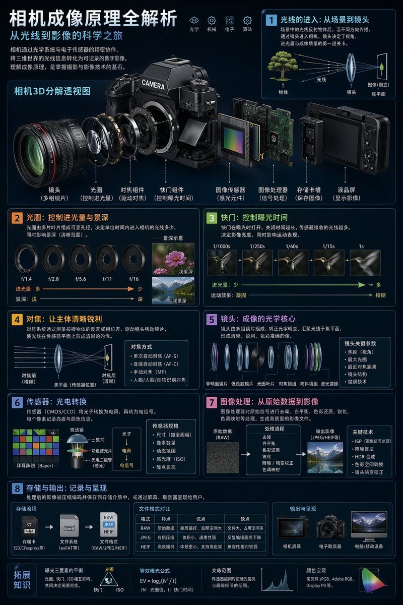 一份专业的科技信息图提示词，包含相机的 3D 爆炸视图以及解释其内部机械结构的多个部分。