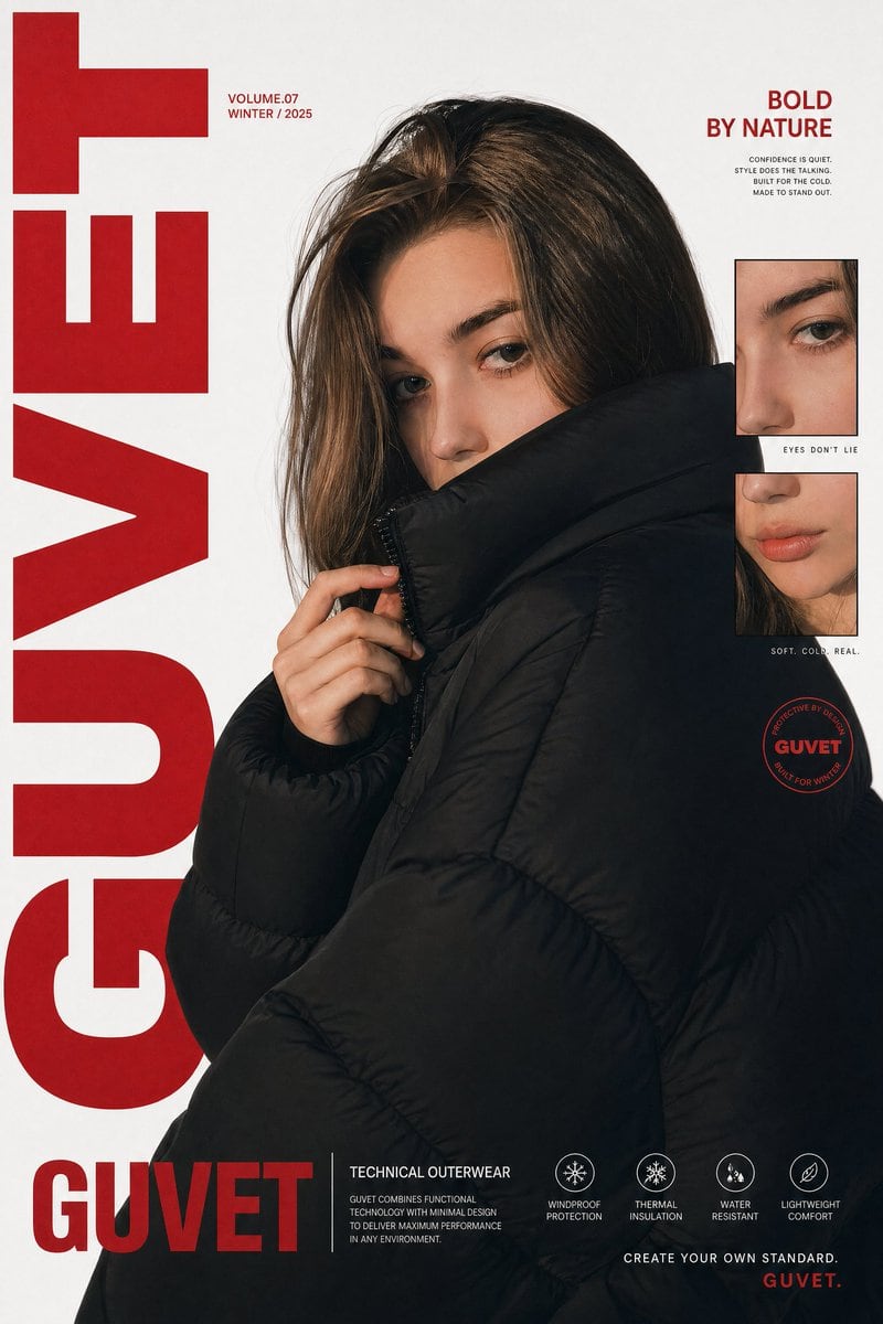A highly detailed prompt for a modern fashion editorial poster featuring a model in a puffer jacket with a graphic magazine layout.