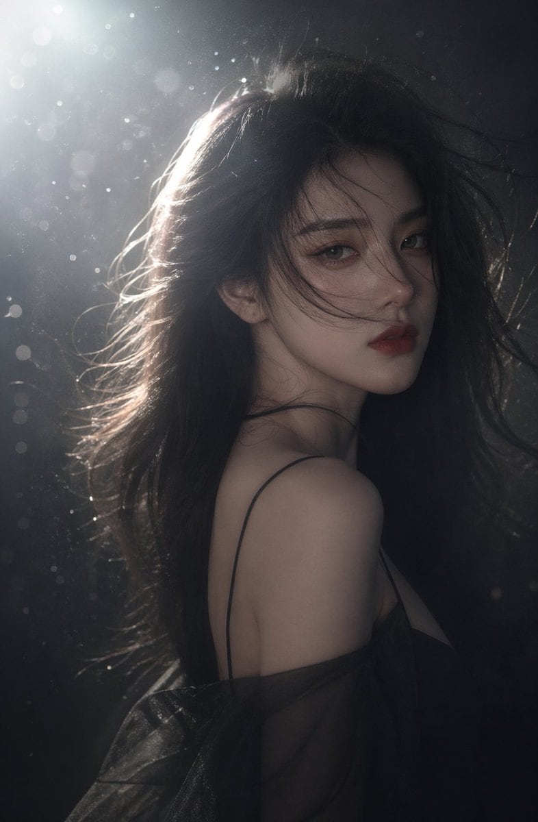 A cinematic vertical portrait of a young woman shown from the chest up in a close half-body composition, positioned slightly right of center, with her body turned to the right and her hea...