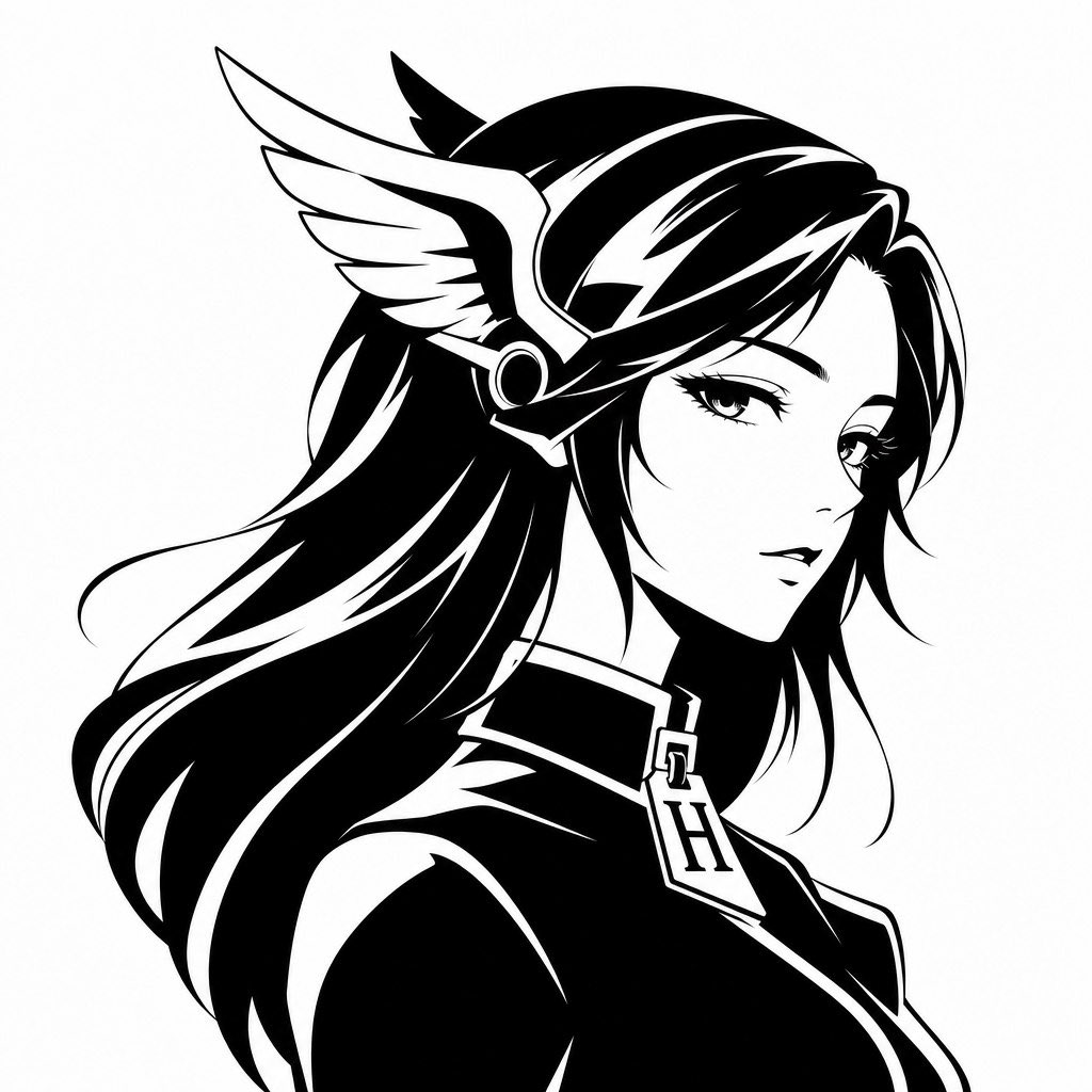 Create a minimalist black-and-white vector avatar logo of a mythic anime woman shown in elegant side profile facing right, cropped from the chest up on a plain white background. Give her...