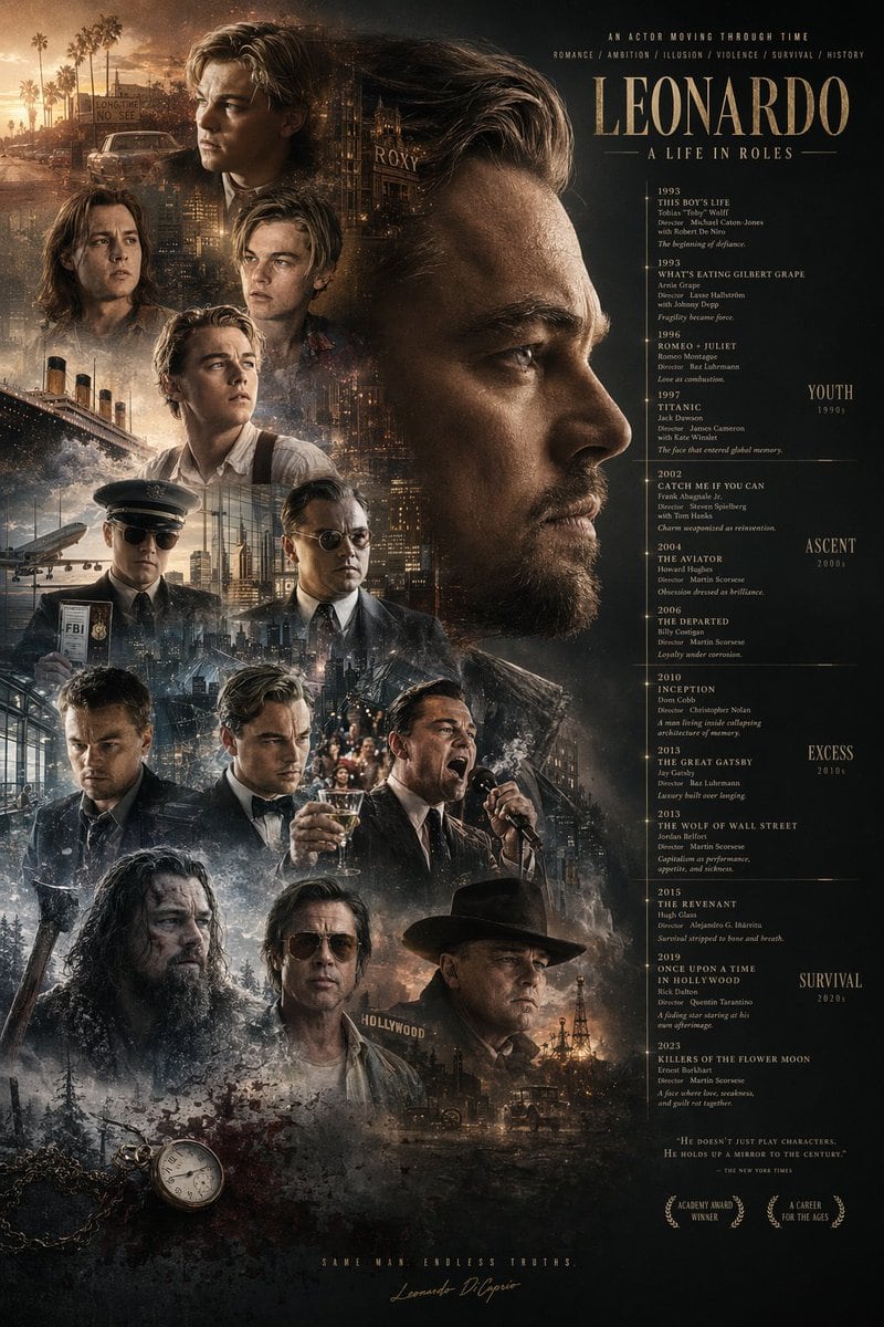 Using the provided reference image, redesign the poster layout by horizontally flipping the macro composition. Move the large primary profile face to the right side, looking left. Move th...
