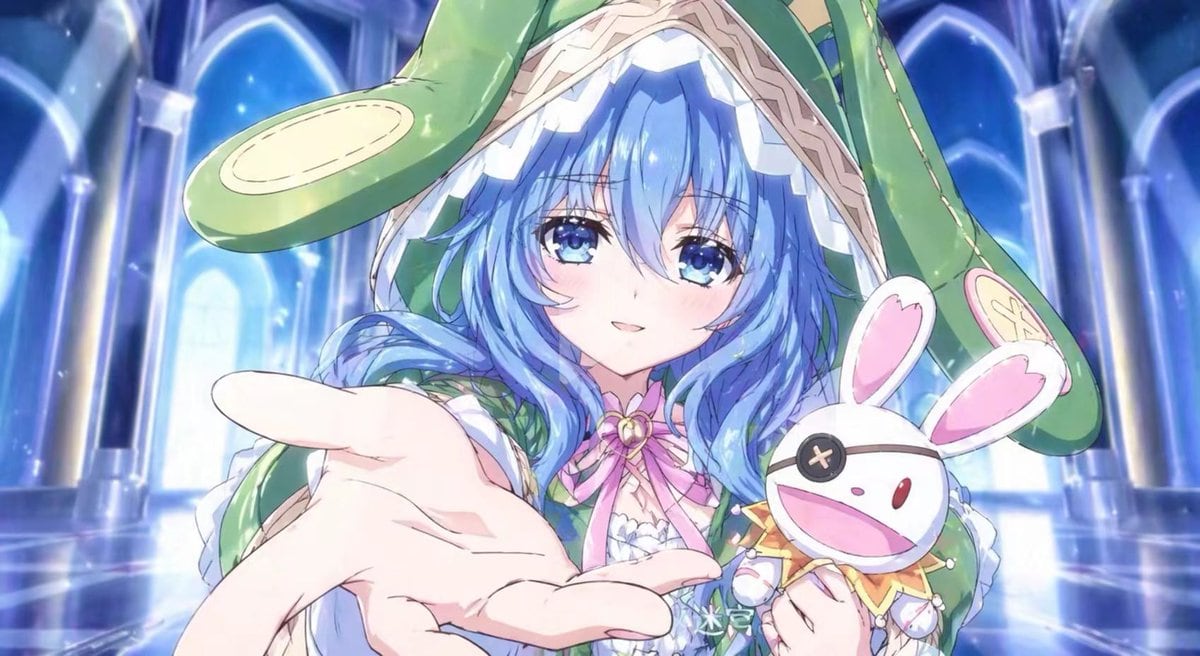 A close-up anime fantasy illustration of a cute young girl in a luminous cathedral-like hall, reaching one hand toward the viewer in strong foreshortened perspective as if inviting them f...