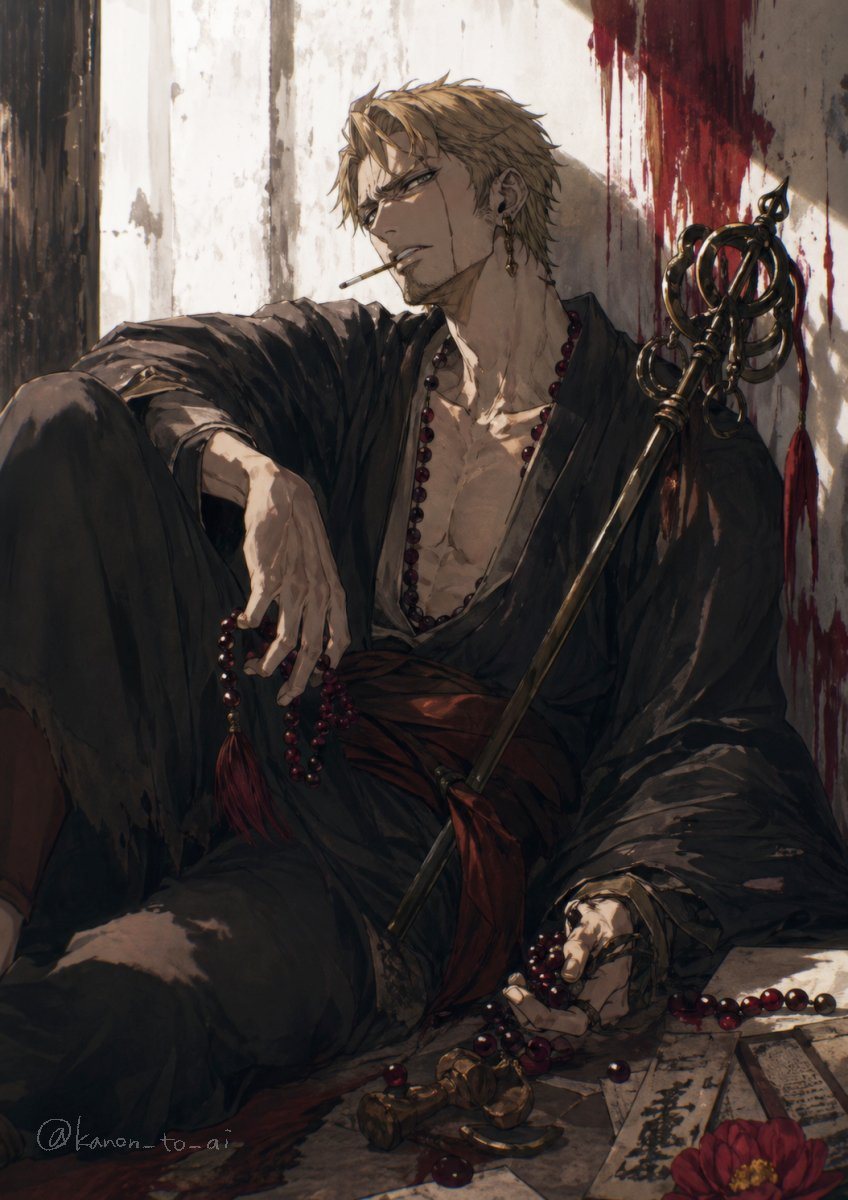 This prompt generates a dramatic vertical anime-style illustration of a wounded robed man with prayer beads and a ceremonial staff, ideal for dark fantasy character art or a key visual.