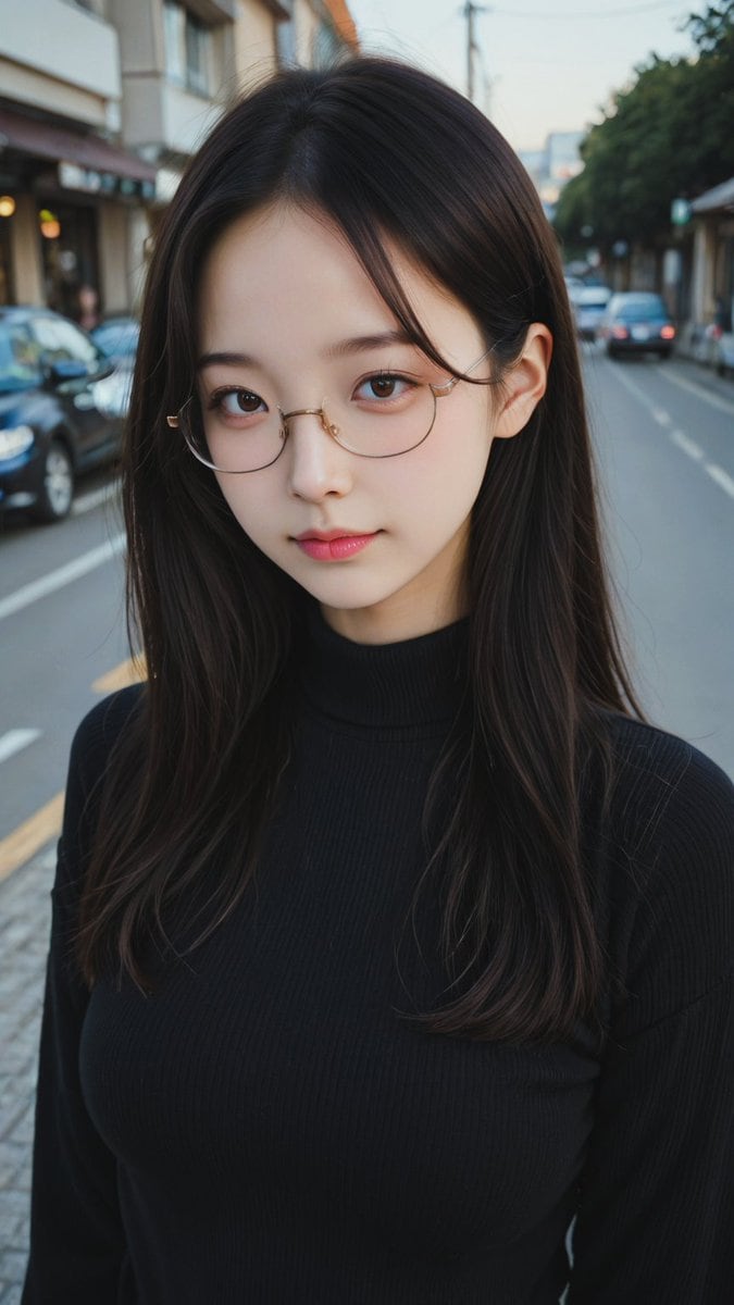 A realistic candid street portrait of a young East Asian woman standing centered on a quiet urban road at blue hour, photographed from chest-up with a shallow depth of field. She has very...