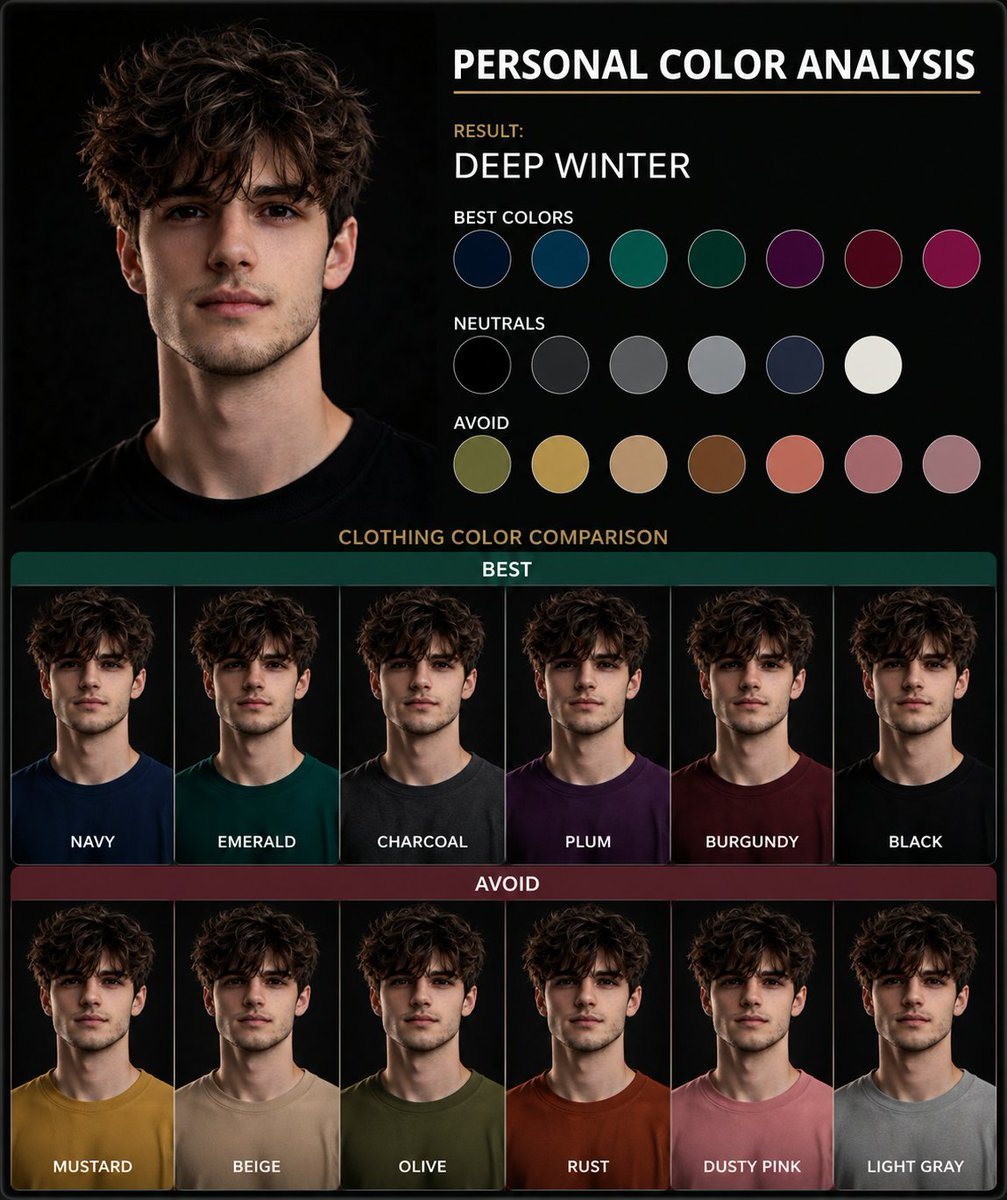 Create a personal color analysis graphic using this portrait. Show side-by-side clothing color comparisons to highlight which colors suit the subject best. Make it visual-first, with shor...