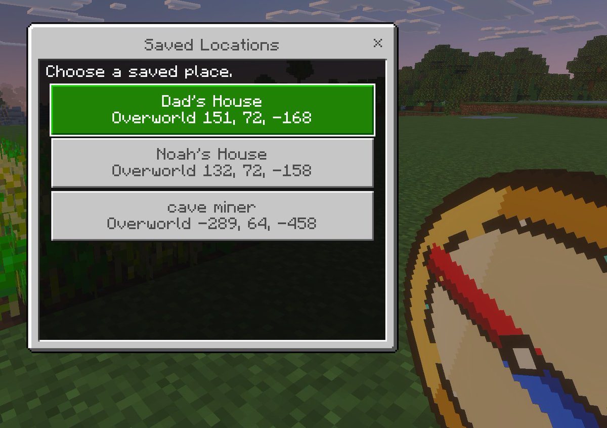 A clean Minecraft Bedrock-style game UI mockup shown as a first-person in-game screenshot at dusk. The background is a blocky grassy field with pixelated trees, a soft purple-blue evening...
