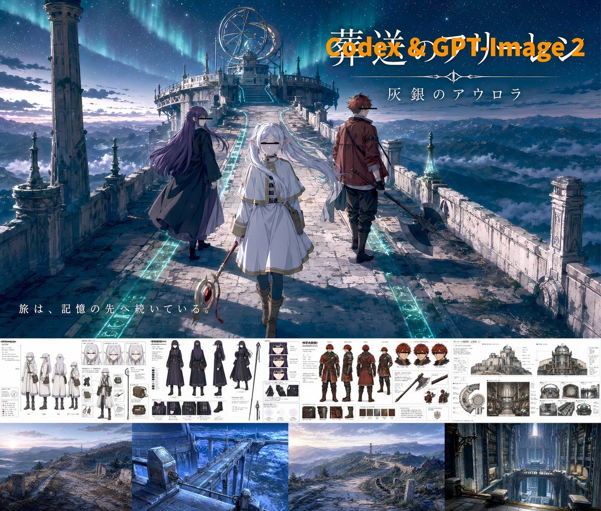 Create a cinematic anime key visual and concept-art presentation board for a fantasy adventure titled Codex & GPT-Image-2. The main image fills the upper portion: a vast ruined stone caus...