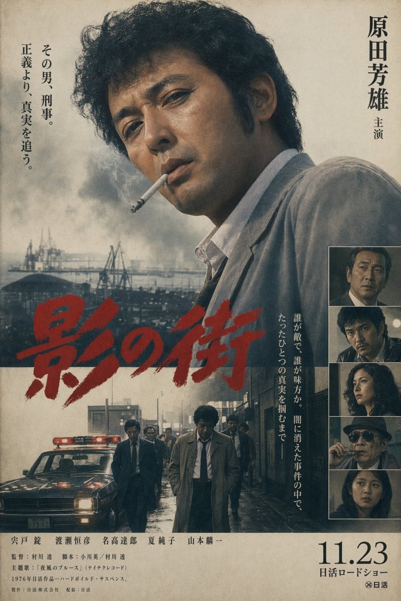 一张粗粝的复古日本电影院线海报，适用于生成具有 1970 年代风格、排版和布局考究的电影主视觉图。