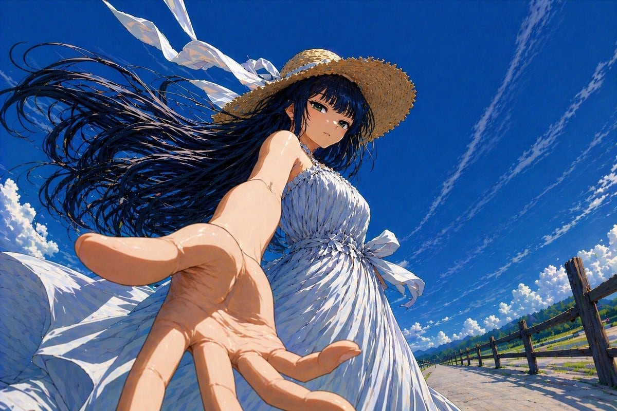 A dramatic anime-style summer scene viewed from an extreme low angle with strong foreshortening: a young woman in a flowing white sundress and a wide-brim straw hat stands on a sunlit cou...