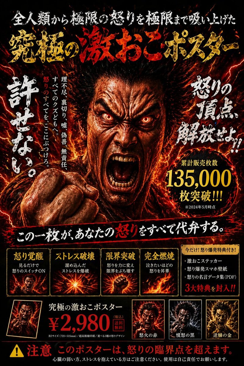 Generates a highly detailed, fiery Japanese promotional poster with multiple text sections, feature grids, and product variants.
