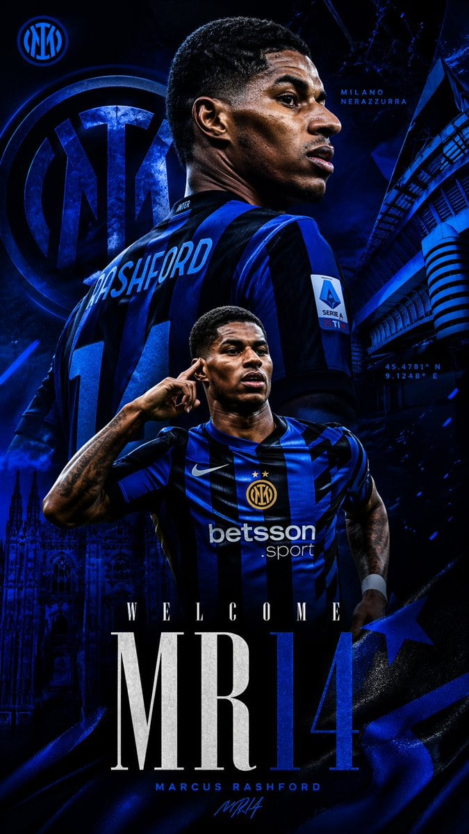 Make an image, a Marcus Rashford design for inter milan, advanced design level, 9:16, mobile wallpaper, write "Welcome MR14"