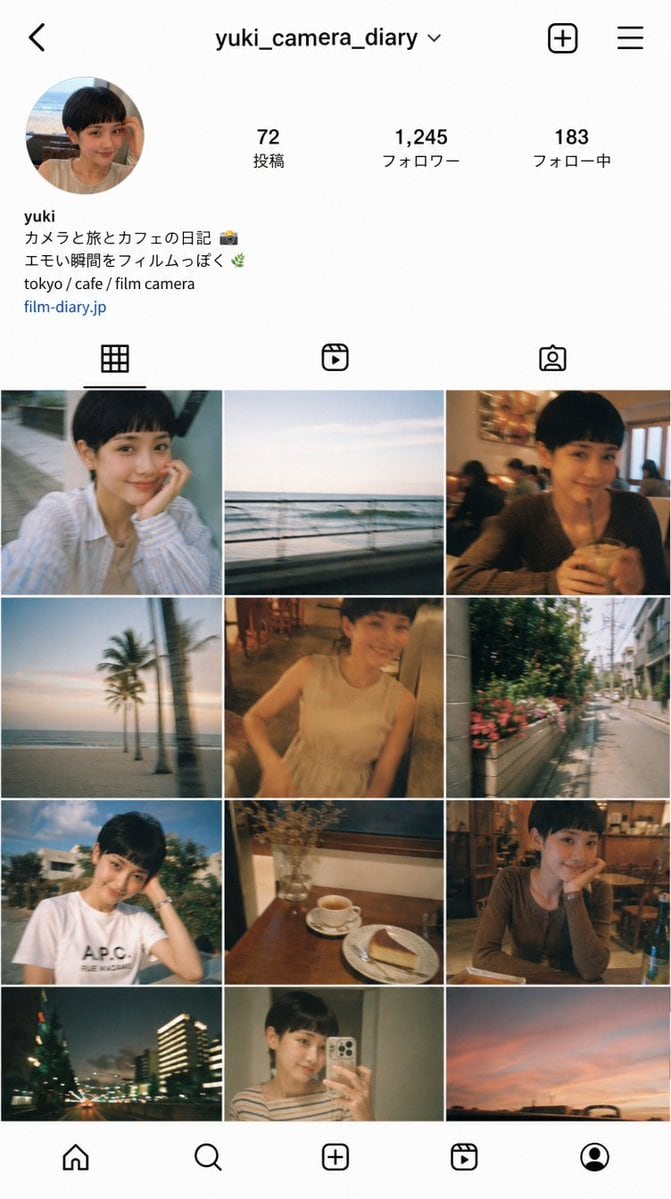 A prompt designed to generate an Instagram profile screen layout featuring shaky, nostalgic-filtered selfies and cafe scenery to simulate a social media feed.