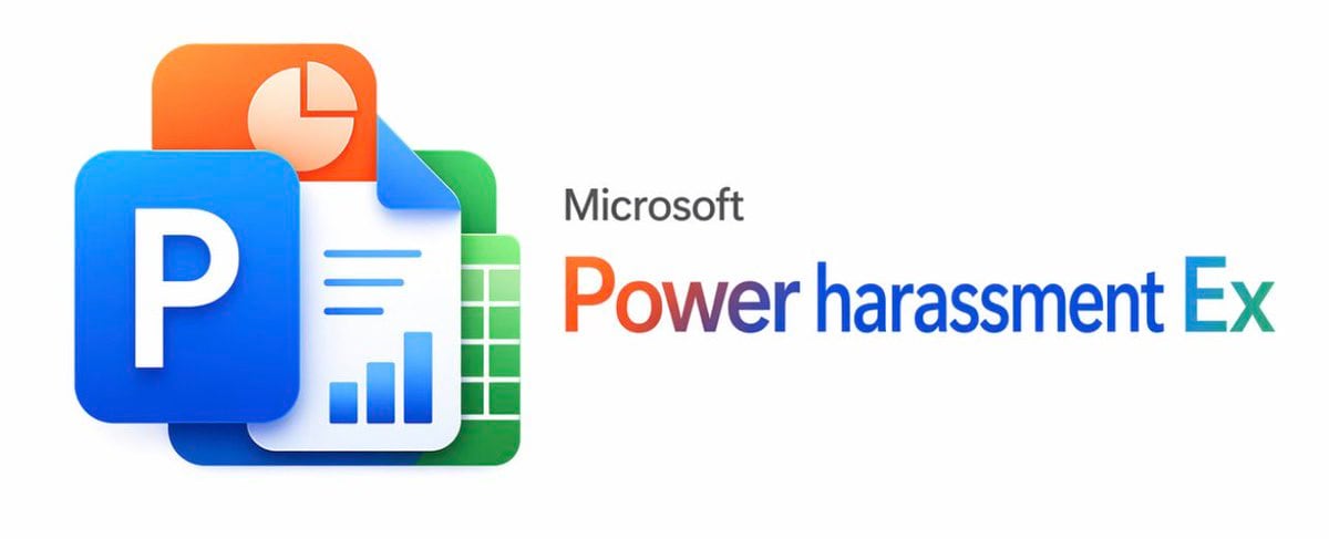 A clean corporate parody graphic on a plain light gray background, centered horizontally, styled like an official Microsoft product banner. On the left, show a layered cluster of 4 overla...