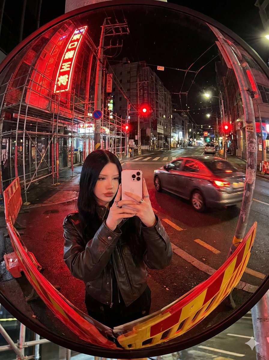 A hyper-realistic nighttime street photo seen entirely through a large circular roadside convex traffic mirror, shot in a vertical 3:4 composition with a strong fisheye lens look and pron...