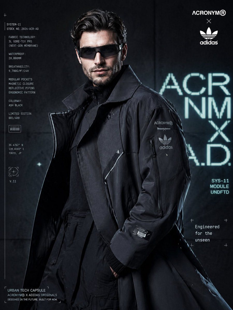 A highly detailed prompt for a futuristic techwear fashion advertisement, including specific branding and layout instructions.
