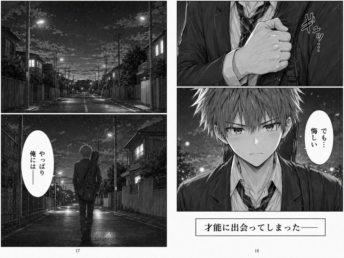 This prompt generates a grayscale two-page manga spread of a schoolboy walking alone at night, ideal for dramatic emotional storytelling or AI manga scenes.