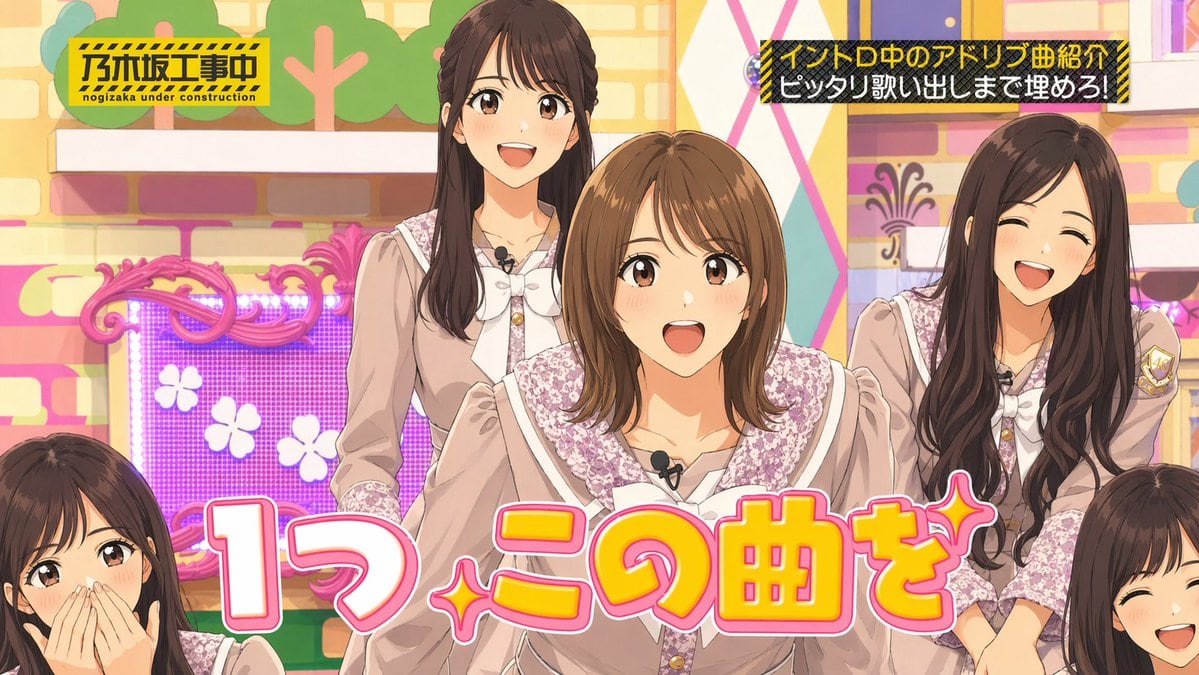 A brightly lit Japanese TV variety show studio screenshot in a cheerful pastel idol-program style, framed as a medium-wide group shot of 5 young women standing close together, with the ce...