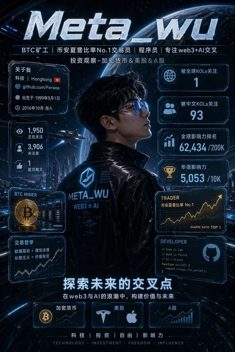 A cinematic vertical sci-fi personal brand poster in a dark blue cyberpunk style, designed like a futuristic profile infographic for Meta_wu. The composition centers on a young Asian man...
