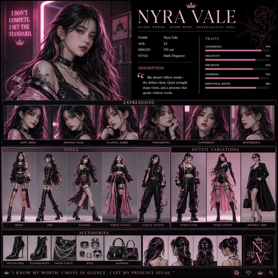 A detailed prompt for creating a high-resolution magazine-style character poster featuring a custom female character with a luxury pink and dark fashion aesthetic. It includes layout instructions for grid alignment, profile panels, and progress bars.