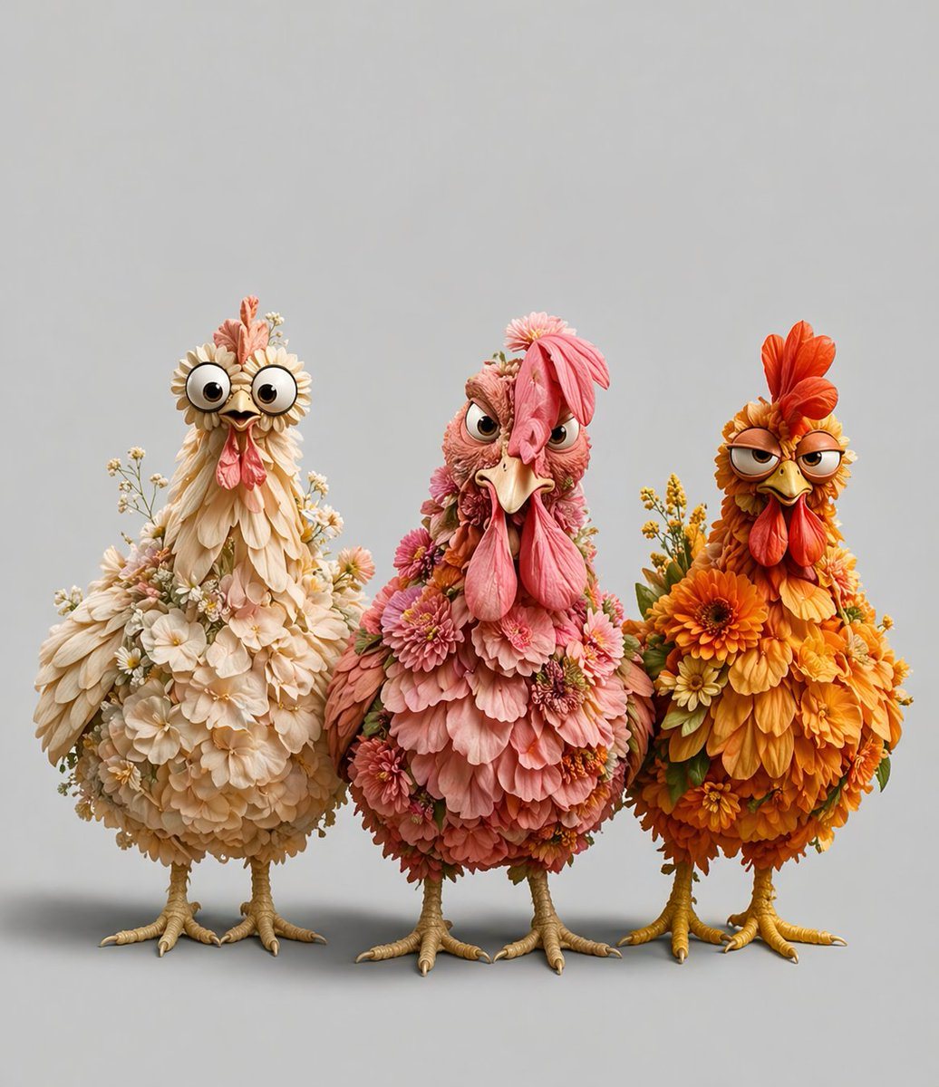 A whimsical studio portrait of 3 full-body chickens standing side by side against a clean light gray seamless background, centered with soft diffused lighting and subtle shadows beneath t...