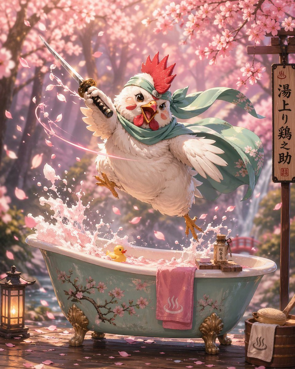 一个动漫风格的提示词，描绘了一只身处樱花丛中、手持武士刀的战士鸡，融合了可爱与动作元素。