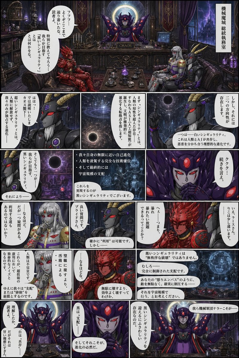 一页细节丰富的日式漫画，描绘了机器恶魔反派在哥特式科幻办公室中讨论奇点与统治的场景，适用于叙事漫画分镜或反派背景设定图。
