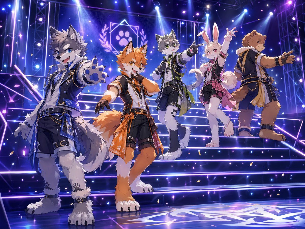 A polished anime idol concert key visual on a glowing stage staircase, featuring exactly 5 anthropomorphic performers posed in a dynamic diagonal formation under dramatic purple-blue conc...