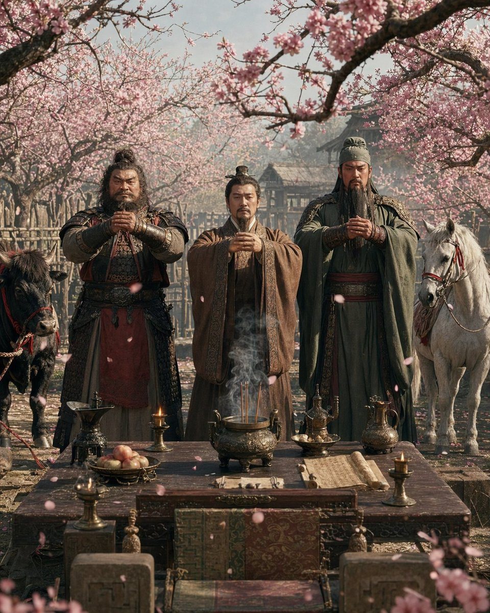 A cinematic historical scene from Romance of the Three Kingdoms showing the Peach Garden Oath. Three ancient Chinese men stand side by side behind a ceremonial altar table in a blooming o...