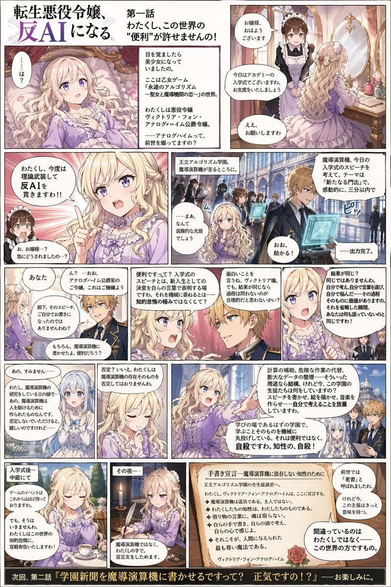 一张内容详实的单页日本奇幻漫画海报，浓缩了整集剧情，适用于生成恶搞漫画封面、漫画剧情回顾页或编辑风格的动漫插图。