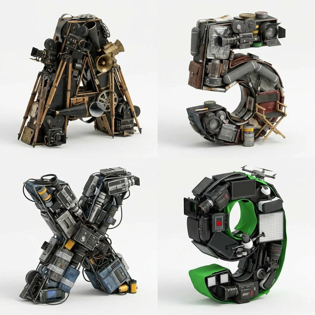 Create a clean 2x2 grid on a pure white studio background featuring 4 large 3D typographic sculptures, each a single character built entirely from filmmaking equipment from a different er...