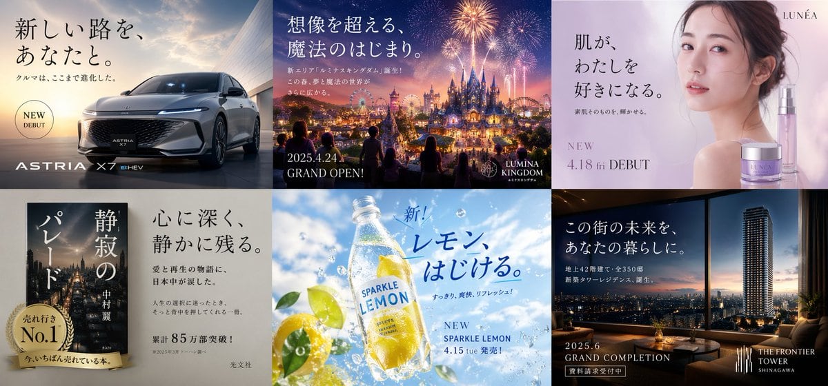 一个用于生成多行业日本广告拼贴画的提示词，采用现代设计风格，包含六个不同的行业板块。