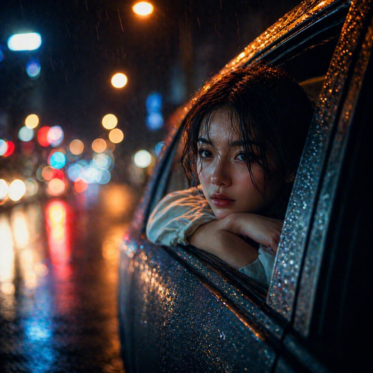 A cinematic night street scene in heavy rain, shot from outside a car with a close three-quarter view of the rear side window. A young woman with dark brown shoulder-length wet hair leans...