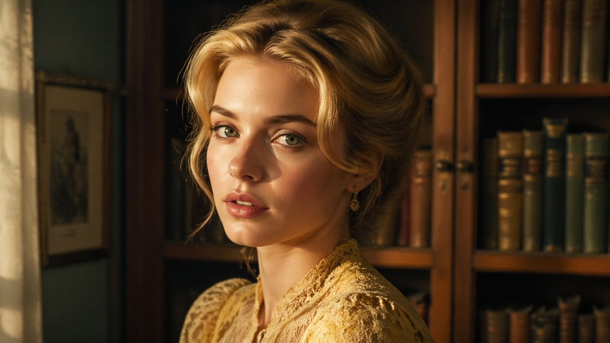 A cinematic waist-up portrait of a refined woman in an old-fashioned library, turned slightly to the left and seated or standing close to the camera, with her face centered and partly in...