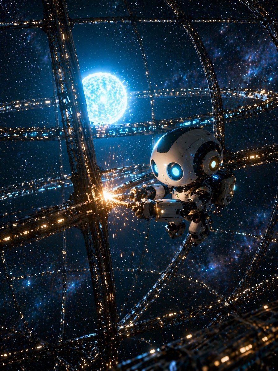 A highly detailed sci-fi illustration of a cute chibi robot floating in space, welding a massive metallic megastructure. The robot has a large round head with glowing blue eyes and a whit...