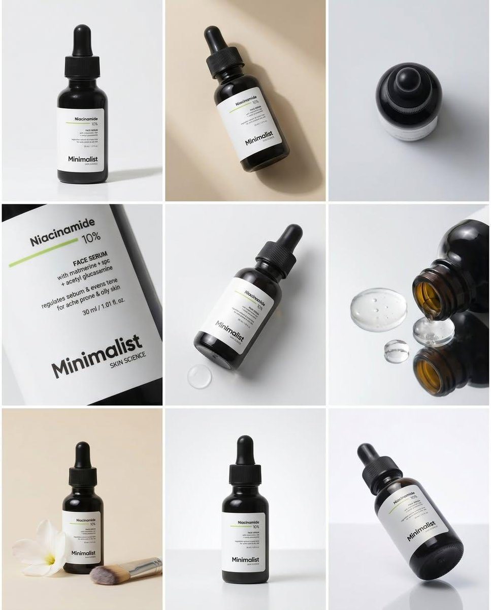 一套整洁的 3x3 商业护肤品拼图,从多个摄影棚角度展示烟酰胺精华液瓶身,适用于美妆广告、电子商务或社交媒体品牌推广。