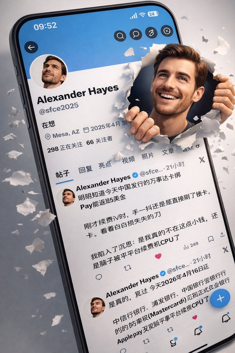一份详细的提示词，用于根据参考截图和特定人物表情，生成超写实的 3D 社交媒体个人主页界面。