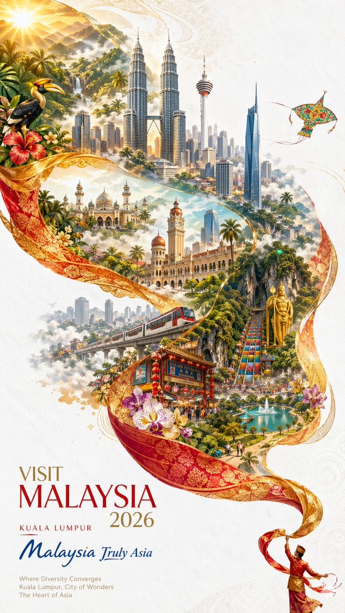 A luxurious tourism poster for Malaysia, designed as a vertical fine-art travel advertisement on a clean ivory-white textured background with subtle embossed ornamental patterns. The comp...